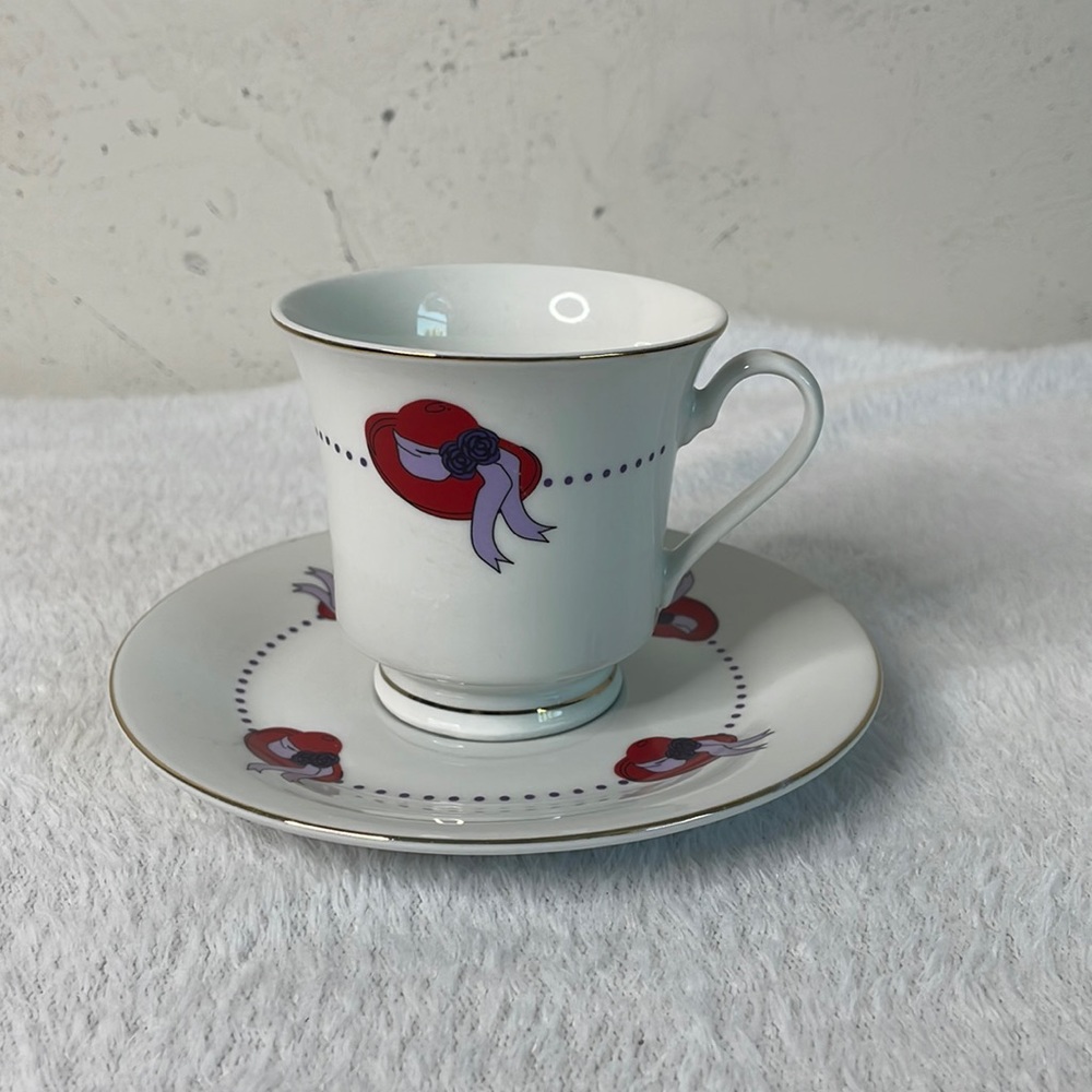 Darice Red Hat Club porcelain tea cup and saucer with gold trim